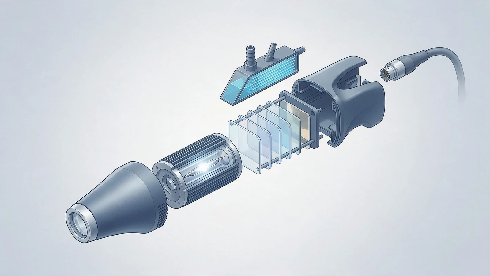 Technical design illustration for the guide "What an IPL Device Actually Is, Component by Component"